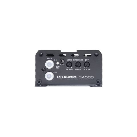 Photo of SA500 end panel showing speaker connection points and settings