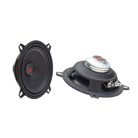 Photo showing pair of VO-MN105 Midrange Neo speakers - one facing front angle right to show cone, dust cap, mounting brackets, the other bottom to top to show motor, heatsink, basket and connectors