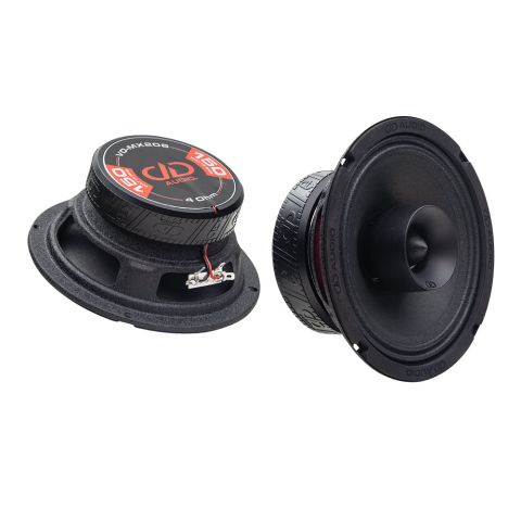 Photo of two VO-MX206s; one angled bottom up, to show the frame, motor, boot and backplate sticker - "VO-MX206, 4 Ohm, 150 Watts RMS, DD AUDIO"; the other angled to show cone, dustcap, and part of motor