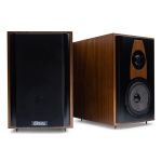 Photo of two LSS-161 - one facing front with magnetic cover in place, the other shot front angle right to show left side of cabinet, woofer, tweeter and baffle