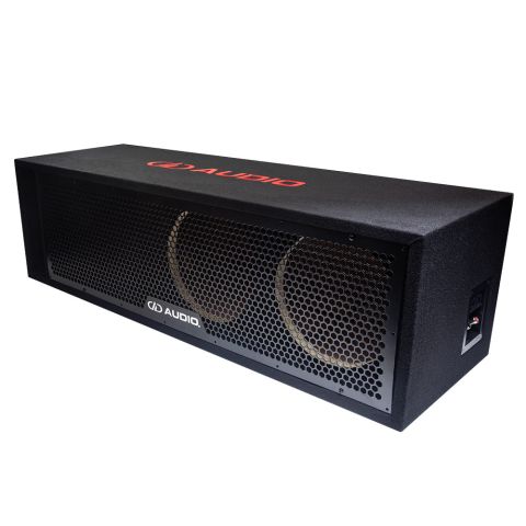 Photo of UE-10.2-SUV Unloaded Enclosure facing front angled left to show grill with DD badge, port, empty baffles, top embroidered DD AUDIO logo and side with terminal cup connection points