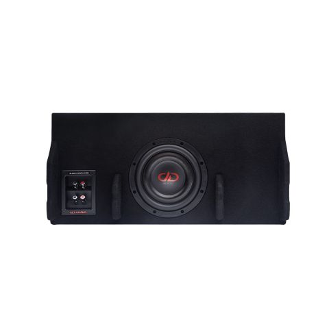 Photo of enclosure loaded with 8 inch SL600 slim subwoofer facing front showing logo, dustcap, cone, surround as well as front facing terminal cup with push connectors