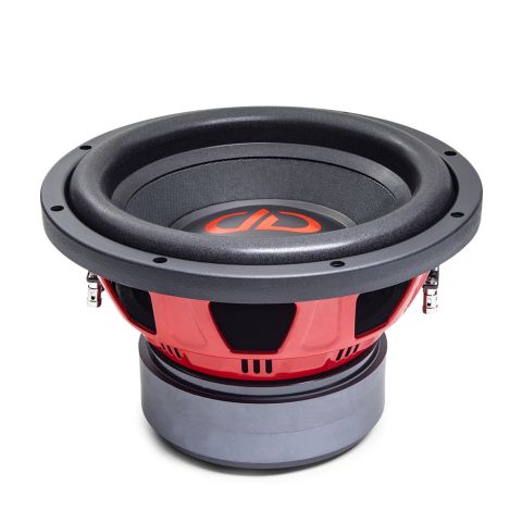 Photo of RL-PSW10 - 10 Inch Power Tuned - REDLINE - Subwoofer - Angled Top to Bottom with Tilt Showing Cone and Dustcap Down to Motor and Basket