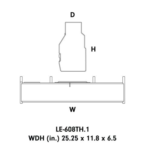 Graphic showing line art of enclosure with dimensions - "LE-608TH.1 WDH (inches) 25.25 x 11.8 x 6.5