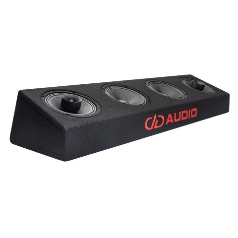 Photo of the plank facing front angled right to show DD AUDIO embroidery, two VO-MX206s and two VO-M206s (6 inch mids and coaxials)