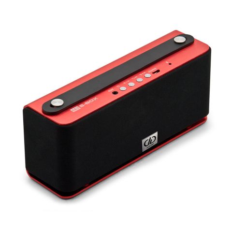 S-Box speaker system angled right to show full front with mesh cover and DD badge and top with red casing, strap, and controls