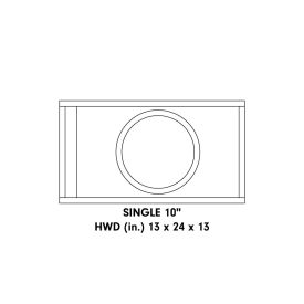 Graphic showing drawing of Single 10" unloaded enclosure with words: Single 10" - HWD (inches) 13 x 24 x 13