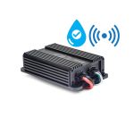 Photo of SX4.1000BT angled back to the left showing side, top plate, and power connection wires side panel with water-drop graphic to signify waterproof and wireless graphic to signify bluetooth connectivity