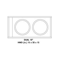 Graphic showing drawing of Dual 10" unloaded enclosure with words: Single 10" - HWD (inches) 15 x 30 x 15