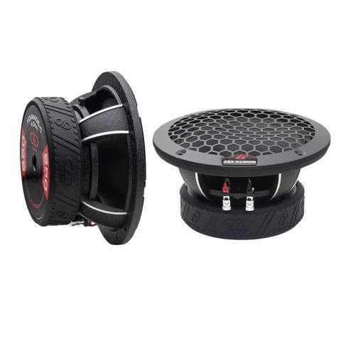 Photo of VO-M406-C Midrange Pair - on shot back to front to show motor with boot and textured cast frame, the other top to bottom showing mesh grill and push leads