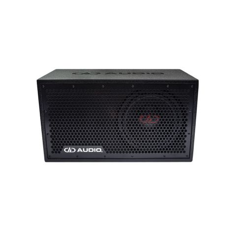 LE-C510.1 Photo of the front face showing the protective full frame grill and single 500 Series 10 inch subwoofer, while back angle shows the top which includes an recessed DD AUDIO logo