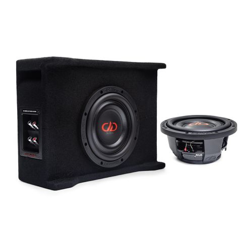 Photo of LE-DF-LS608.1 Loaded Enclosure facing front to show SL608 subwoofer in box with connection panel on side and a separate SL608 subwoofer to demonstrate scale
