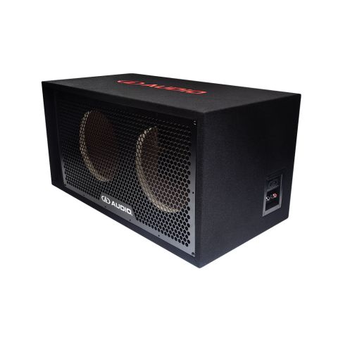 Photo of Dual 10 inch unloaded enclosure facing front angled left to show side with terminal cup connectors with DD logo, front grill with DD AUDIO logo and port, and a slight glimpse of DD AUDIO logo on top.