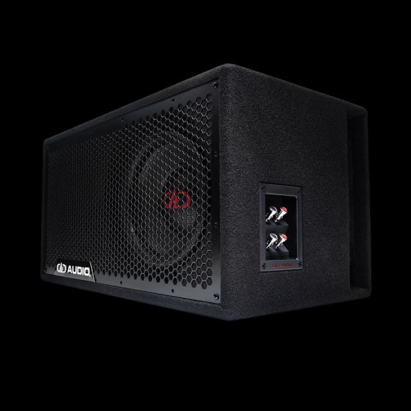 LE-510.1 / LE-310.1 Photo angled to the left showing the full frame protective grill, the single 500 Series 10 inch subwoofer, the side firing port, and push connector panel