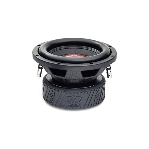 Photo of 8 inch 500 series subwoofer angled top to bottom to show motor, basket, surround, dustcap and cone