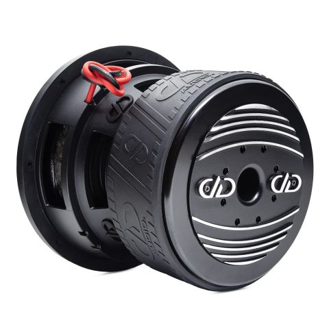 9510L - 10 Inch 9500 Series Subwoofer - Photo angled back to front down right side, showing motor heatsink, boot, basket, leads, all adorned in trademark DD AUDIO embossing.
