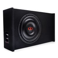 Photo of LE-DF-LS612.1 Loaded Enclosure facing front to show SL610 subwoofer in box with connection panel on side