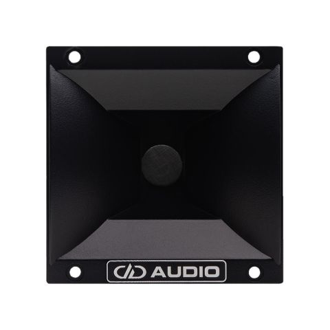 Photo of 6x6 Horn facing front to show black matte finish, curves, and metal plate with DD AUDIO logo