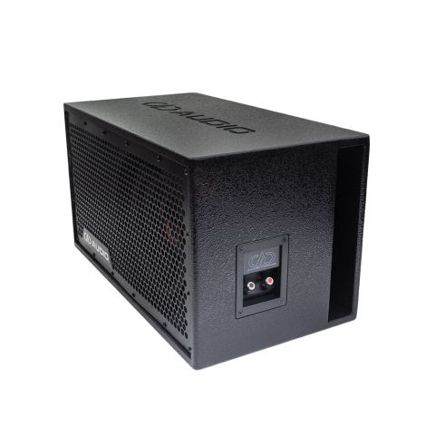 LE-C510.1 Photo angled to the left showing the full frame protective grill, the single 500 Series 10 inch subwoofer, the side firing port, and push connector panel