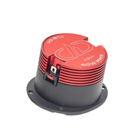Photo of VO-B1c Bullet Tweeter shot bottom up to show heat sink with logo, model name, "4 Ohm" and "60w RMS" with spade connectors on the side