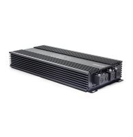 Photo of SS9000 laying flat with top plate facing up showing logo and model number, and part of end panel with power connection points