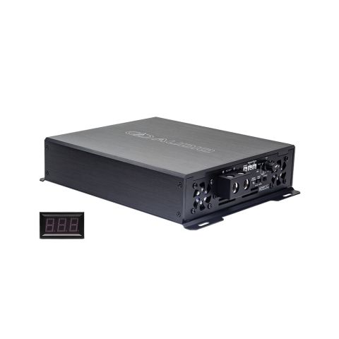 Photo of SPS angled to show top plate with logo and model, and side panel with connection points and settings with separate volt-meter.