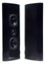 Photo of a pair of LS-241 speakers - one with mesh grill, one with out showing coaxials and tweeter