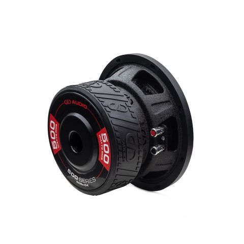 Photo of 8 inch 500 series subwoofer angled back to right to show motor, basket, and cone