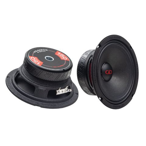 Photo of two VO-M206s; one angled bottom up, to show the frame, motor, boot and backplate sticker - "VO-M206, 4 Ohm, 150 Watts RMS, DD AUDIO"; the other angled to show cone, dustcap, and part of motor