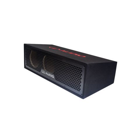UE-6.2 Unloaded Enclosure facing front angled right to show grill with DD badge, port, empty baffles, and top embroidered DD AUDIO logo
