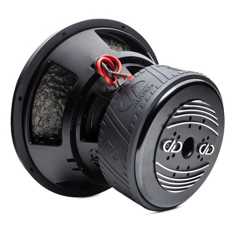 9915C - 15 Inch 9900 Series Subwoofer - Photo angled back to front down right side, showing motor heatsink, boot, basket, leads, all adorned in trademark DD AUDIO embossing.