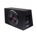 Photo of PLE-112.1 enclosure angled to show integrated AP400 Monoblock on side and subwoofer in front