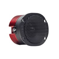 Photo of VO-B1c Bullet Tweeter shot front angled right to show embossed logos on face, mesh grill, heat sink and spade connectors