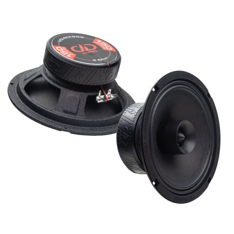 Photo of two VO-MX208s; one angled bottom up, to show the frame, motor, boot and backplate sticker - "VO-MX208, 4 Ohm, 150 Watts RMS, DD AUDIO"; the other angled to show cone, dustcap, and part of motor