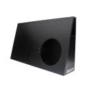 Photo of Unloaded Tundra Wedge Enclosure for 10" Slim Sub angled to show side port, front face where subwoofer would load and metal DD AUDIO logo badge