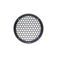 Photo of 6 inch metal mesh grill front facing, showing the logo badge at the bottom