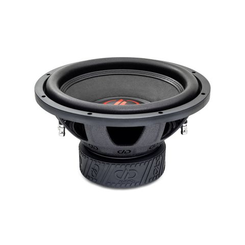 Photo of 12 inch 300 series subwoofer angled top to bottom to show motor, basket, surround, dustcap and cone