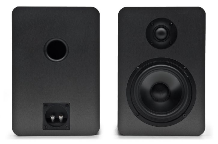 Photo showing pair of M-151 Passive Studio Monitors - one from the front showing tweeter and woofers with screen off, the other showing back of enclosure with port and connections