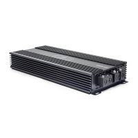 Photo of SS9000 laying flat with top plate facing up showing logo and model number, and part of end panel with power connection points