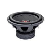 Photo of 12 inch 500 series subwoofer angled top to bottom to show motor, basket, surround, dustcap and cone
