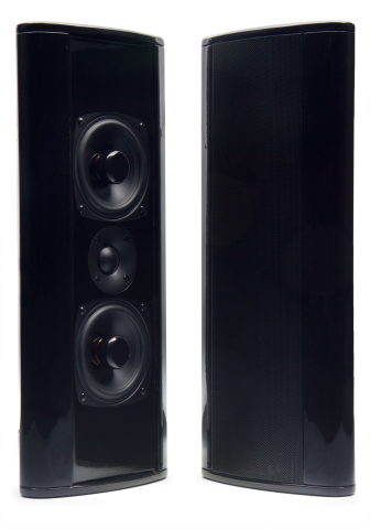 Photo of a pair of LS-241 speakers - one with mesh grill, one with out showing coaxials and tweeter