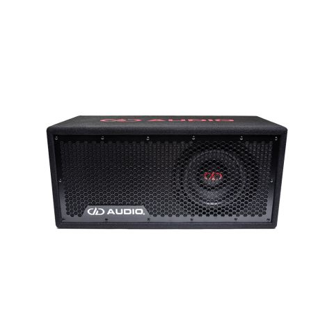 LE-508.1 Photo of the front face showing the protective full frame grill and single 500 Series 8 inch subwoofer, while back angle shows the top which includes an embroidered DD AUDIO logo