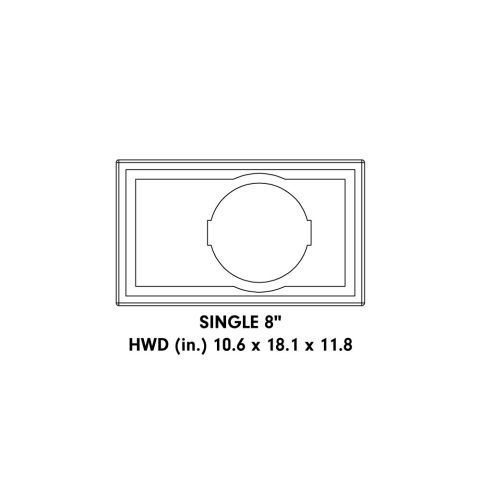 LE-508.1a Graphic showing diagram of unloaded enclosure with words "Single 8" HWD (in) 10.6 x 18.1 x 11.8
