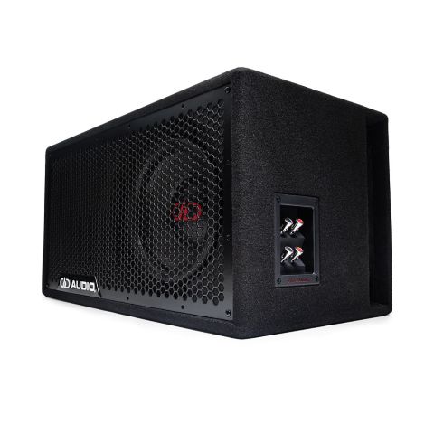 LE-510.1 / LE-310.1 Photo angled to the left showing the full frame protective grill, the single 500 Series 10 inch subwoofer, the side firing port, and push connector panel