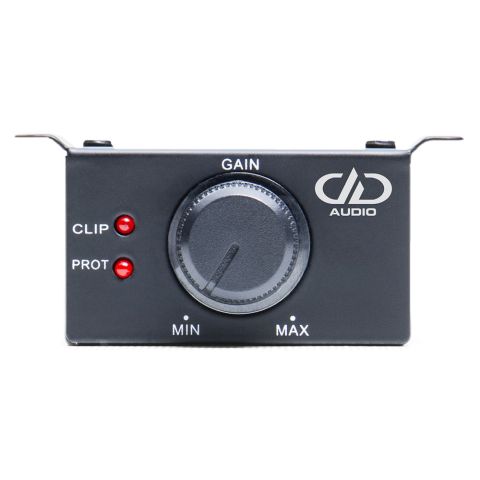 DRMT Remote front facing showing knob, clip light, "prot" protection light, min to max on bottom, gain label on top next to DD AUDIO Logo