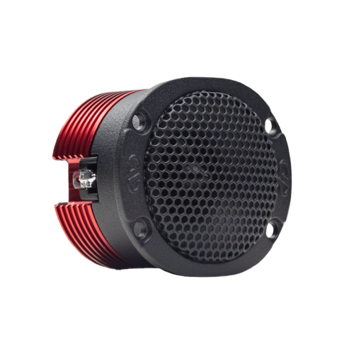 Photo of VO-B1c Bullet Tweeter shot front angled right to show embossed logos on face, mesh grill, heat sink and spade connectors