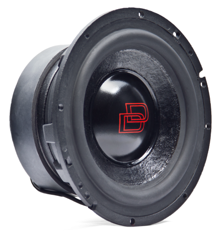 Photo of W6 shot facing front angled right to show cone and classic DD dustcap, surround, basket, motor with leads