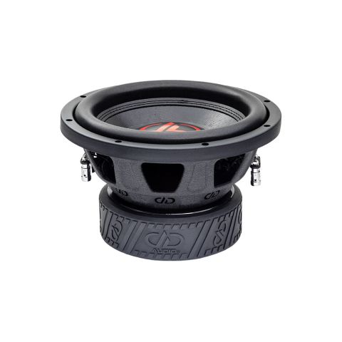 Photo of 10 inch 500 series subwoofer angled top to bottom to show motor, basket, surround, dustcap and cone