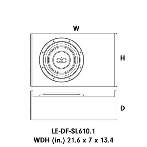 Diagram showing dimensions for LE-DF-SL610.1: WDH (in) 21.6 x 7 x 13.4