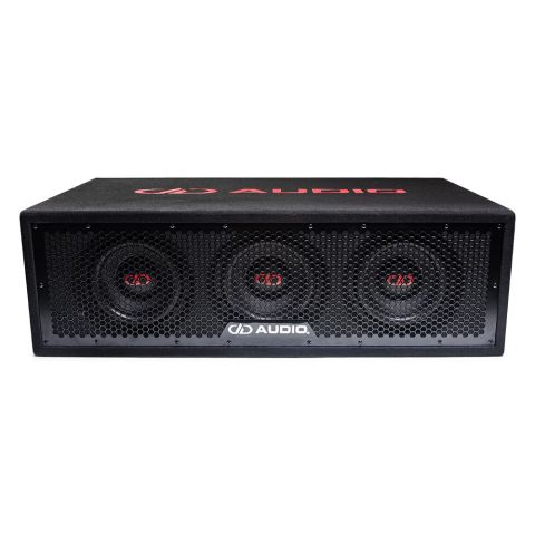 Photo of loaded 8 inch enclosure facing front angled down slightly to show subs, grill, logo on grill and logo on top of the enclosure